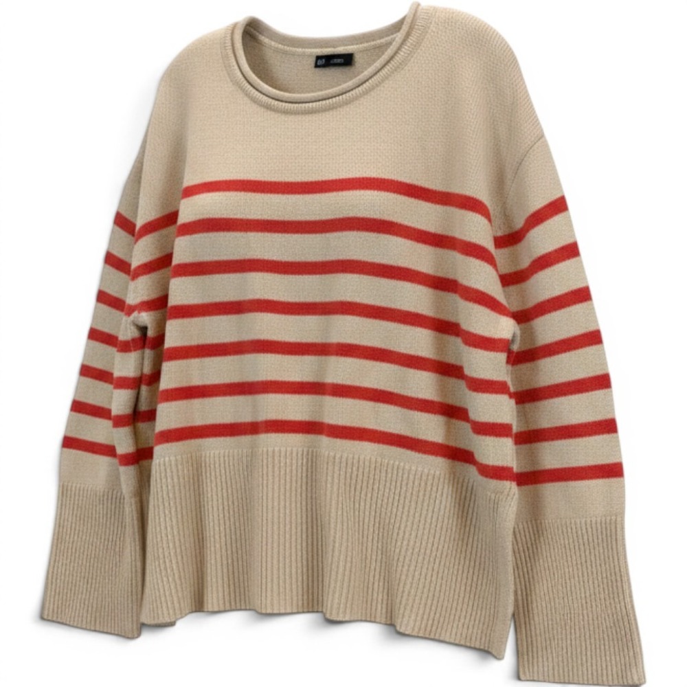 Gap Womens Beige Striped Split Hem Crew Neck Sweater Relaxed Fit Medium Nautical